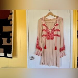 Free People Embroidered Boho Tunic Dress with Red Accents